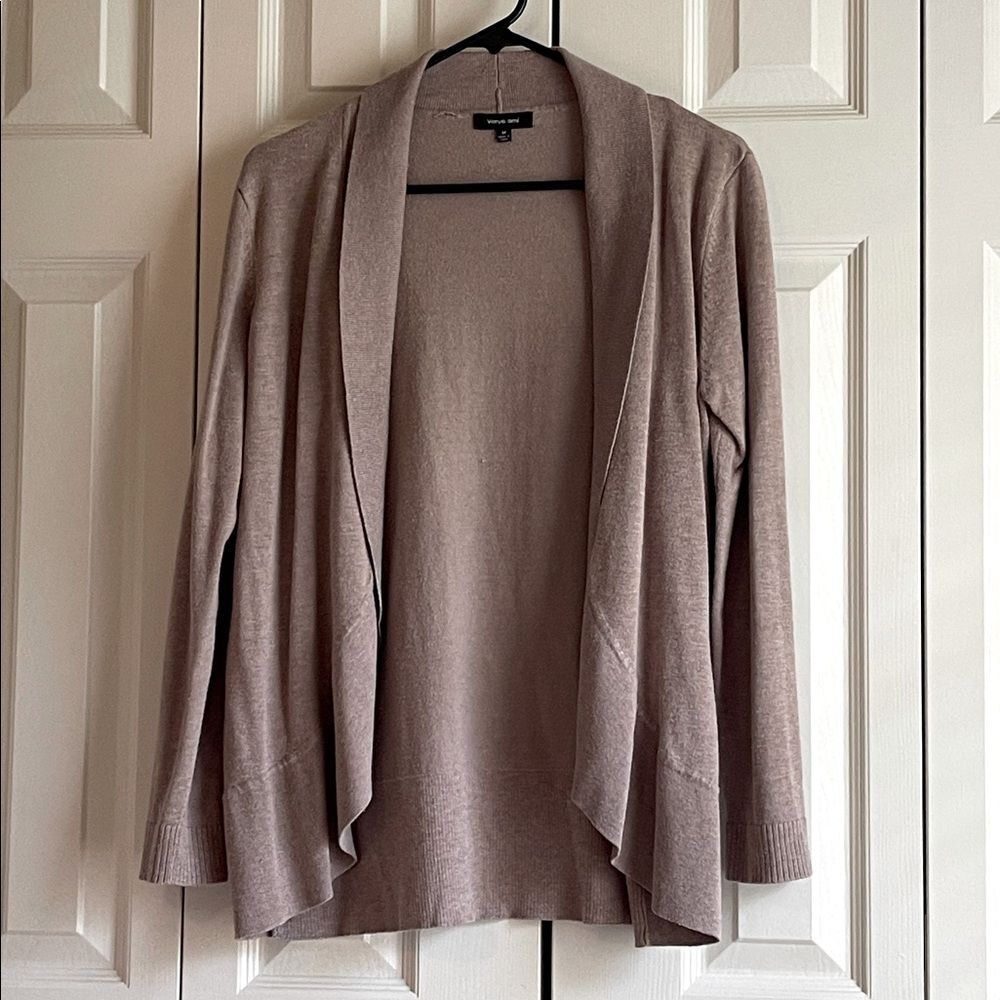 Verve Ami Taupe Open Front Cardigan Medium Draped Knit Layering Sweater